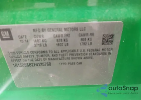 2015 Chevrolet Sonic Lt Manual из США, поврежденный, VIN 1G1JD5SB2F4135768